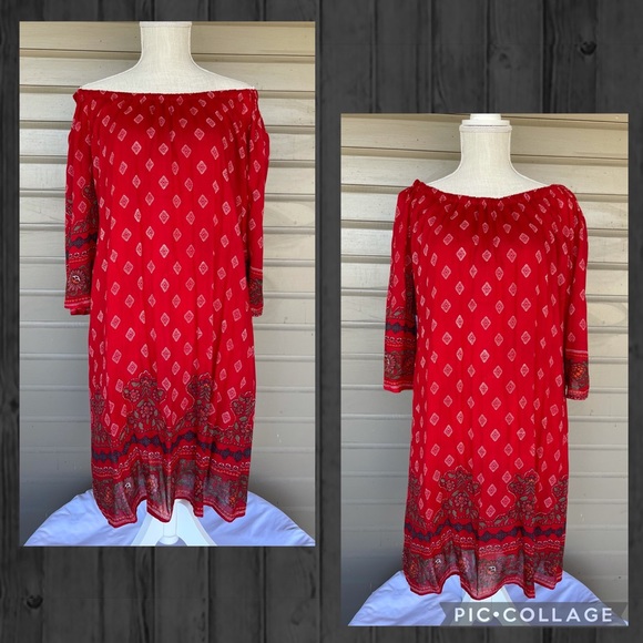🔴 Beautiful Red Printed Dress with Versatile Neckline - Picture 1 of 4
